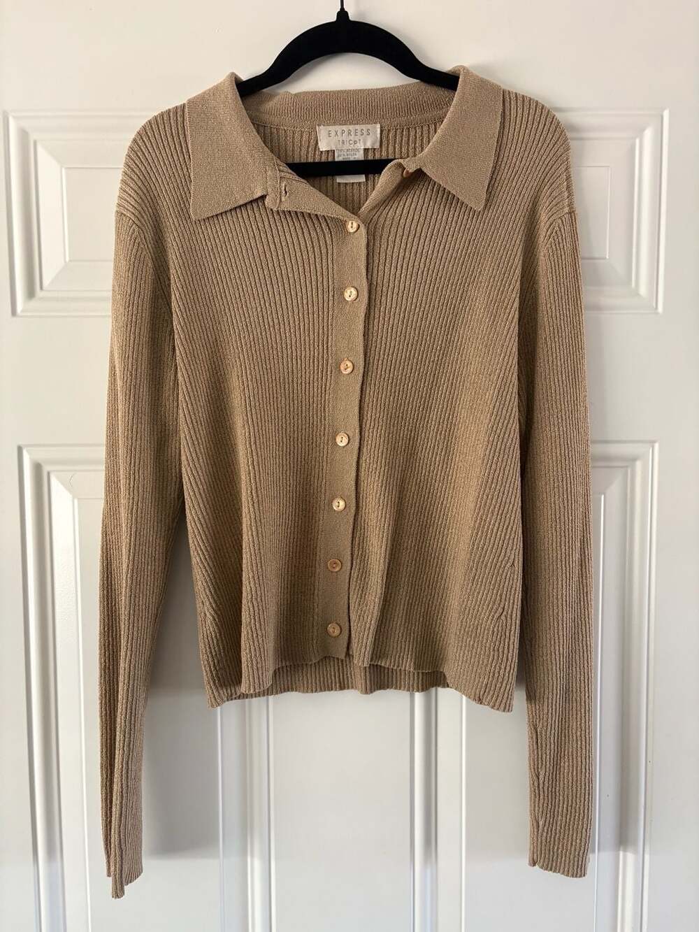 EXPRESS Tricot Vintage Tan Ribbed Knit Collared Button Up Cardigan Sweater Large